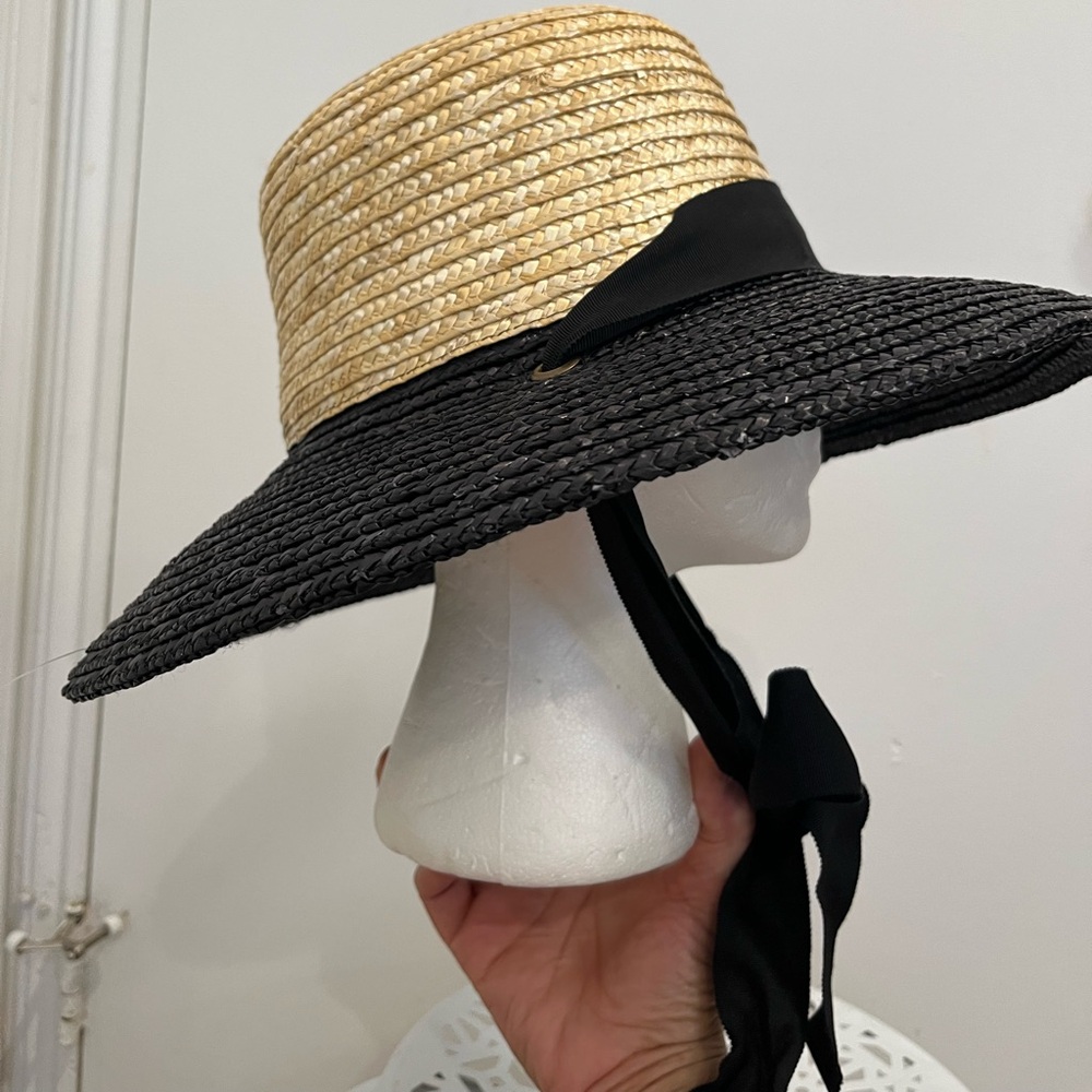 Wyeth Black & Tan Straw Wide Brim Sun Hat with Black Ribbon Tie NWOT - Picture 4 of 7